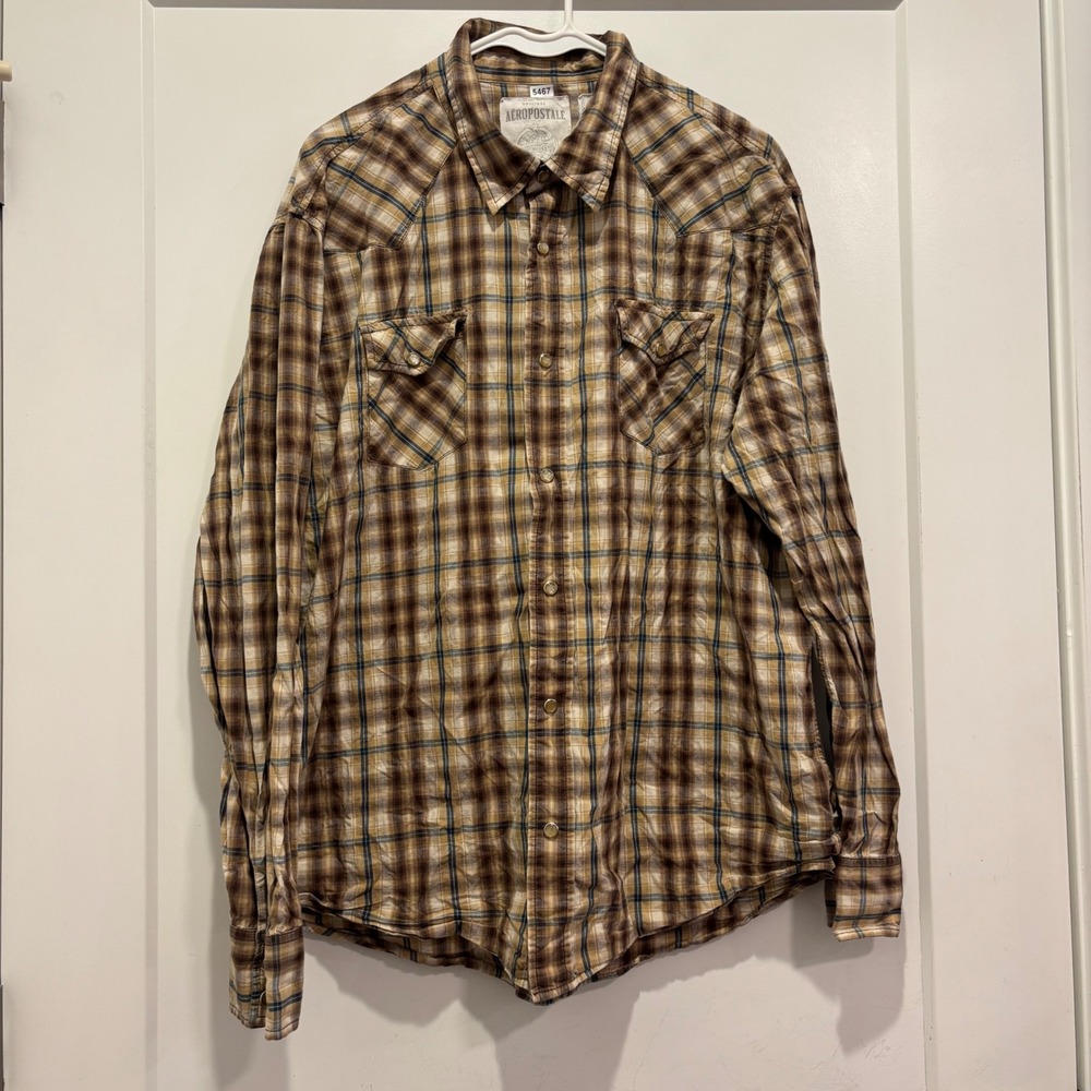 Aeropostale Mens Brown Plaid Long Sleeve Pearl Snap Western Shirt XL